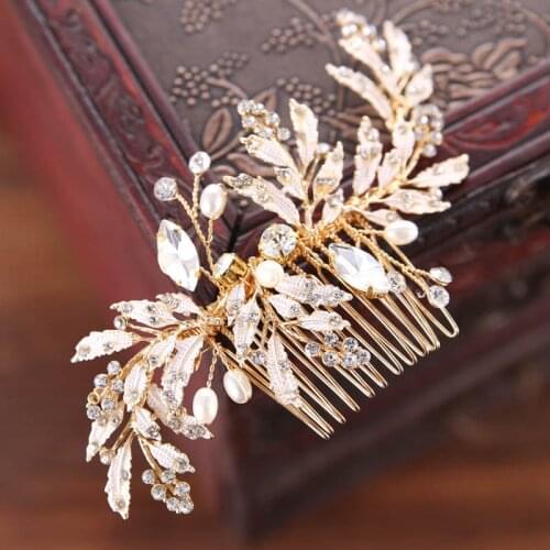 Luxury Hair Accessories For Noiva Vintage Gold Metal Leaf Crystal Hair Comb Bridal Wedding Hair Pins Women Party Hair Jewelry
