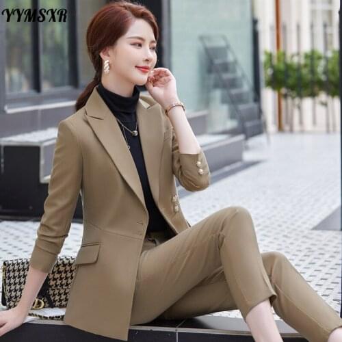 High Quality Womens Office Suit Pants Two-piece Suit Winter 2021 Ladies Slim Solid Color Ladies Jacket Fashion Elegant Trousers