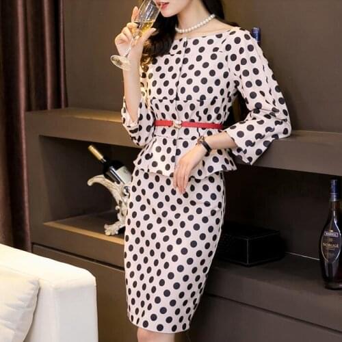 Ladies Formal Dress Suits Office Work Wear Business Vintage Elegant Polka Dot Women Blazer Top Pencil Dress With Belt Plus Size