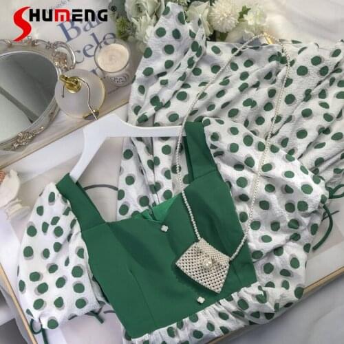 Retro Square Collar Puff Sleeve High Waist Dress Womens 2021 Summer New Polka Dot Stitching Overknee Length Dress Female