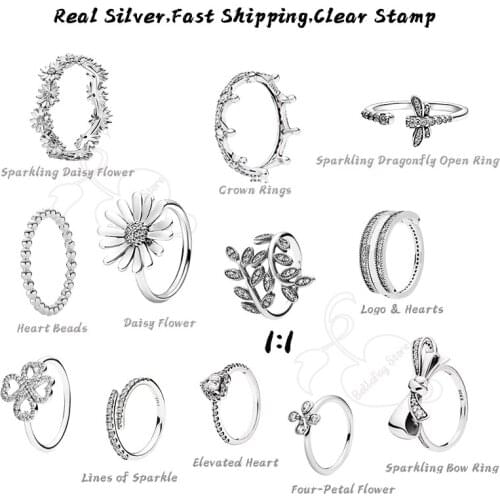 100% Real 925 Silver Sparkling Crown Daisy Flower Rings Heart Dragonfly Ring Pdoras For Women Gifts