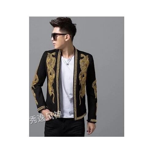 100%real men luxury black golden beading sewing event/stage performance short tuxedo jacket/stage performance/ASIA SIZE