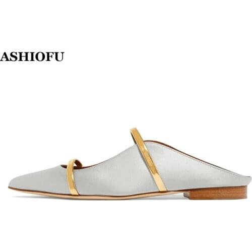 ASHIOFU New Hot Handmade Ladies Flats Shoes Two-striped Party Prom Easy Shoes Out-door Sexy Pointed Evening Fashion Flat Shoes