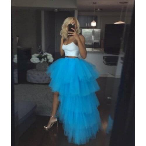 Turquoise Blue Skirts For women Fluffy faldas jupe femme Hi Low Tiered Skirt Ruffle Tulle Elastic Band Maxi