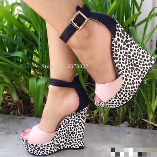 Woman Fashion Leopard Wedge Platform Sandals Sexy New Peep Toe Mixed Color Ankle Buckle Dress Sandals Lady Real Photos Shoes