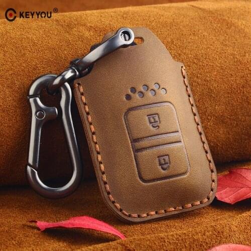 KEYYOU Genuine Leather Key Fob Case 2 Buttons Car Keyless Smart Key Cover For Honda Civic Accord Pilot CRV 2015 2016 2017 2018