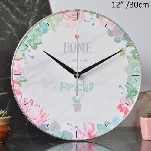 Silver Circled 30cm Floral MDF Wall Clock Modern HOME is Where Your Cactus Pricks Flowers White With Arabic Number Printed Clock