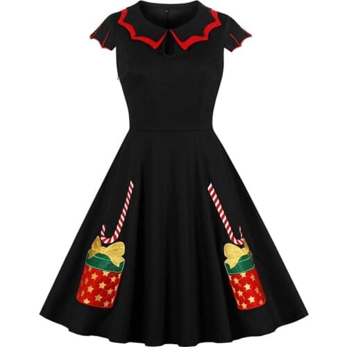 Black Festival Gift Christmas Hat Tree Elegant Christmas Dress Women Keyhole Cap Sleeve A Line Cotton 50s Vintage Party Dresses