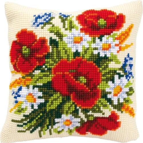 DIY Cross Stitch Cushion Poppies with Daisies Needlepoint Kits Printed Canvas Chunky Yarn Cross-stitch Pillow Case Arts & Crafts