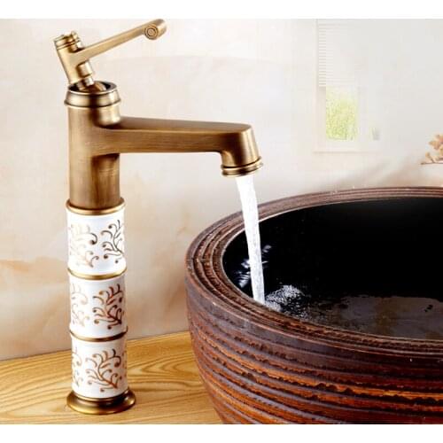 Art bathroom blue and white porcelain pattern single hole basin faucet, Antique bamboo style brass basin faucet hot cold Whosale