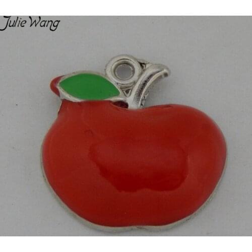 Julie Wang 15pcs Red Enamel Apple Shape Pendant One Side Charm for Handmade Necklace Women Bracelet Jewelry Accessory