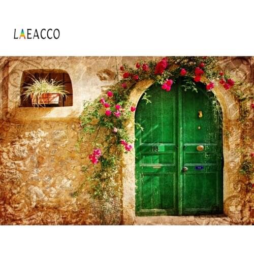 Laeacco Rural Old Wall Green Door Porch Blossom Spring Backdrops for Photography Backgrounds Baby Newborn Portrait Photophone
