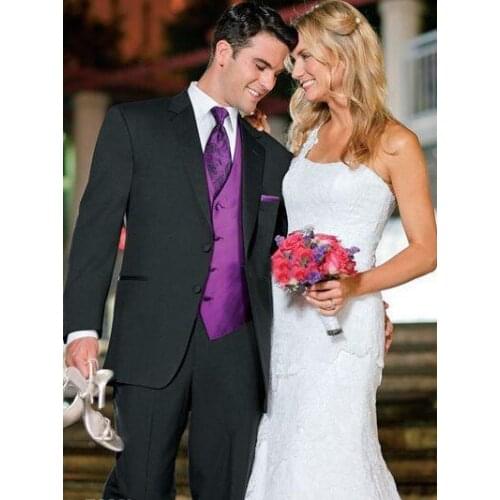 Hot Sales Black Wedding Suits With Purple Vest For Men,Custom Made Wedding Tuxedos For Men,Bespoke Men Coat Costume Homme