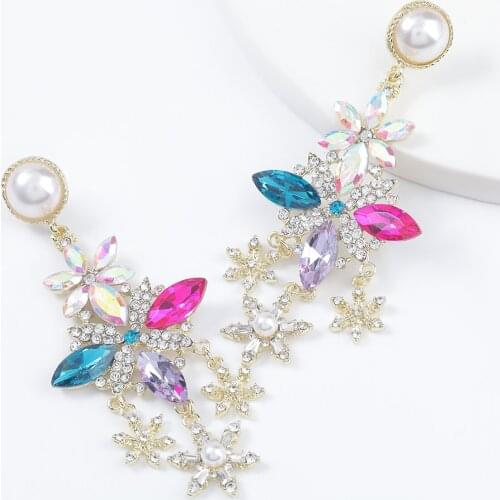 Fashion Simple Metal Rhinestone Imitation Pearl Snowflake Earrings Women Creative Pop Drop Earrings Banquet Jewelry Accessories