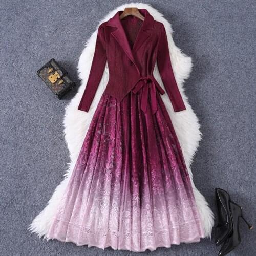 2021 Spring Womens Clothing New Nine-Quarter Sleeve Mesh Stitching Lace Gradient Dress Suit Collar Draped Dress Dresses