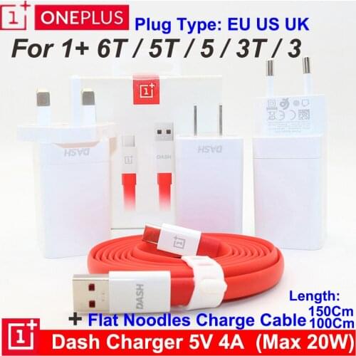 Original Dash Charger 5V 4A EU/US/UK USB Quick Charger Adapter USB 3.1 Type-C Data Noodle Dash Cable For Oneplus 6T 6 5T 5 3T 3