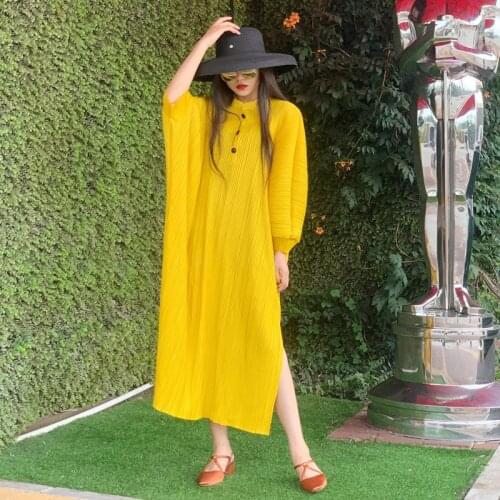 HOT SELLING Miyake fold dress of wrist stand neck Button batwing loose dress IN STOCK