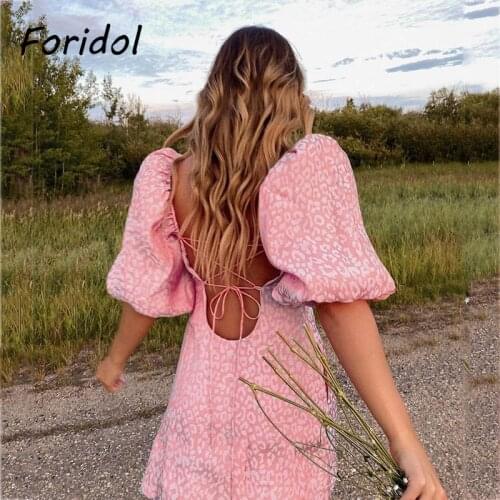 Foridol Leopard Print Satin Pink Summer Dress Women Sexy Backless Lace Up Party Mini Dress Lantern Sleeve Vintage Boho Dress