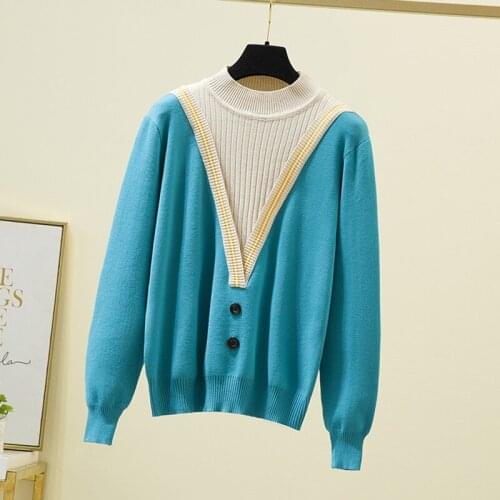 Button Fake 2 Pieces Striped Splice Sweater Femme Pullover Women Knitted Long Sleeve Woman Sweater 2021 Winter Fashion Clothes