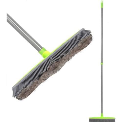 Long Push Rubber Broom Bristles Sweeper Squeegee Scratch Free Bristle Broom for Pet Cat Dog Hair Carpet Hardwood Windows Clean