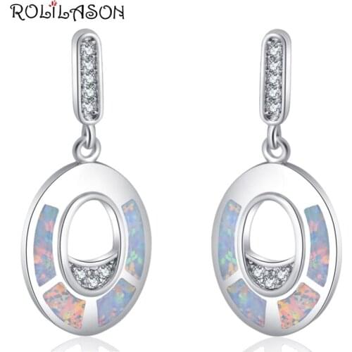 ROLILASON Trendy Oval shape Earring White Crystal white Created Opal Silver Stamped Drop Earring Fashion Jewelry OE773
