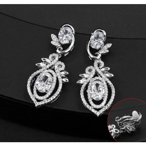 Luxury Female Ladies Leaf Earrings Cute Double Bride Zircon Earrings clip For Women Fashion Wedding Earrings