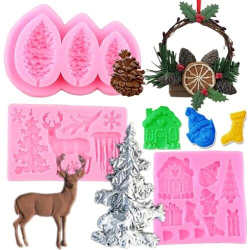 Christmas Tree Snowflake Snowman Deer Pine Cones Silicone Mold Fondant Cake Decorating Tools DIY Cupcake Topper Chocolate Mould