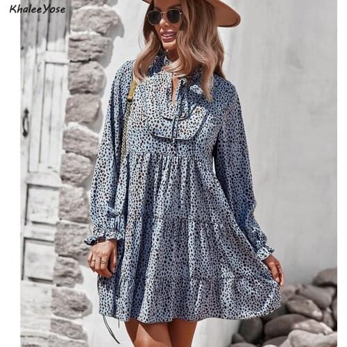 Khalee Yose Leopard Vintage Mini Dress printed Autumn Long Sleeve Dresses Women V-neck Floral Ruffle Tiered Loose Ladies Dress
