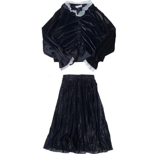 PERHAPS U Black Plus Size Velvet Midi Skirt With Blouse Ruffle Collar 2 Two Pieces Set Elegant Solid Vintage Autumn Winter T0364