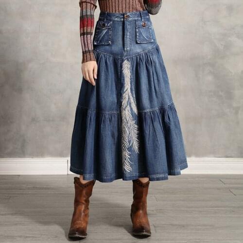 Embroidery big Hem Jean Skirts Women Vintage A line cowboy Skirts Plus Size Denim Long Maxi Skirts Saia Feminina X2230
