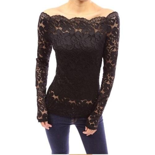 5XL 2021 Summer Tops Lace Shirt Women White Slash Neck Long Sleeve Hollow Tee Shirt Blouse Sexy Skinny Shirt Plus Size Blusas