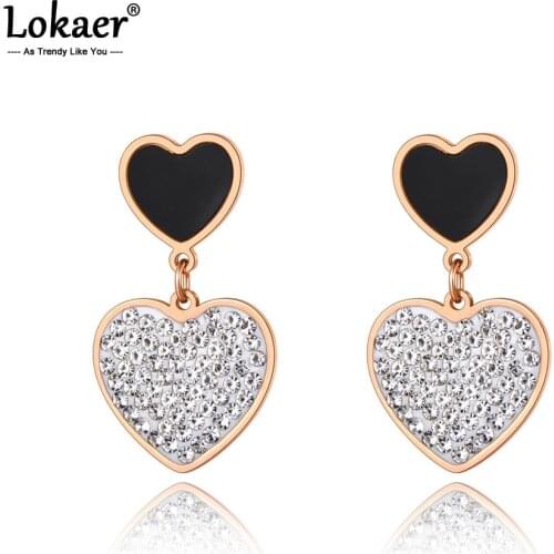 Lokaer Trendy Titanium Stainless Steel Black Acrylic CZ Crystal Heart Earrings For Women Trendy Rhinestone Party Jewelry E20273