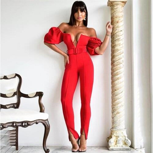 2020 Autumn new womens sexy Short Sleeve Ruffle red V-neck woman jumpsuits high quality bandage