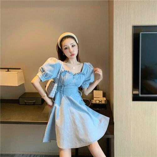 2020 new temperament lace-up waist tie-down slim slim square collar bubble sleeve denim dress