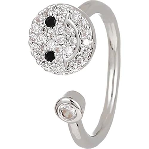 ZHINI New Fashion Silver Color Smiley Face Rings for Women Personality Punk Adjustable Opening Rings Rhinestone Jewelry anillos
