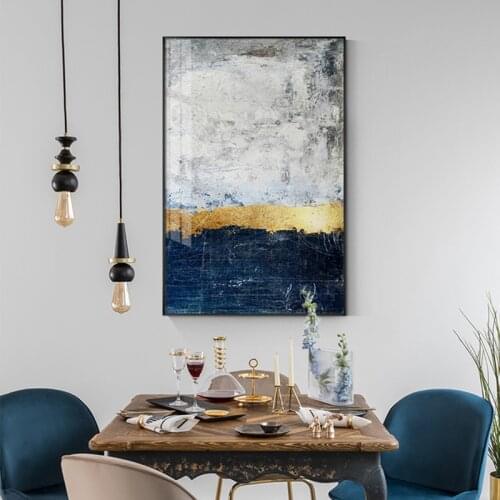 Abstract Gold Foil Block Painting Blue Poster Print Modern Golden Wall Art Picture for Living Room Navy Decor Big Size Tableaux