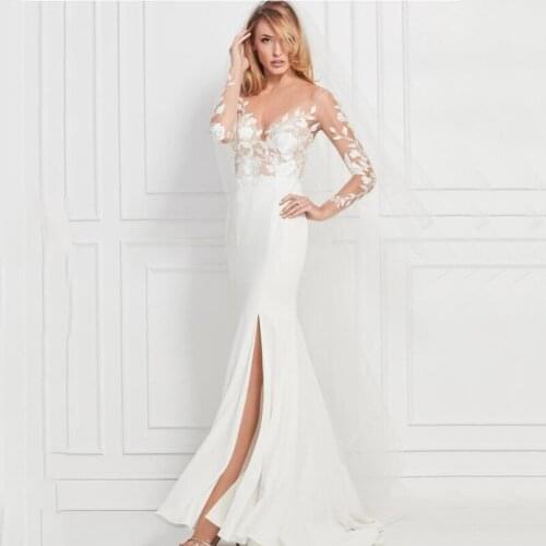 Eightree Sexy White Lace V-neck Mermaid Wedding Dresses Appliques Side Slit Backless Bridal Gown Long Evening Dress Custom Size