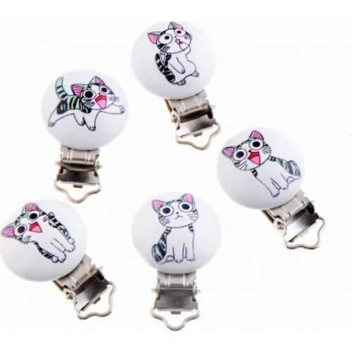 5PCs Baby Pacifier Clips Cute Cat White Wood Metal Holders Cute Infant Soother Clasps Funny Accessories 4.8x2.9cm F2010
