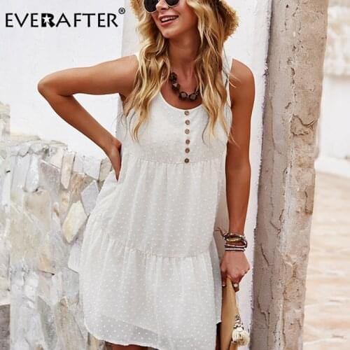 EVERAFTER Sexy V-neck White Sleeveless Mini Dress Casual Ruffle High Waist Summer Women Beach Dress Embroidery A-line Dress