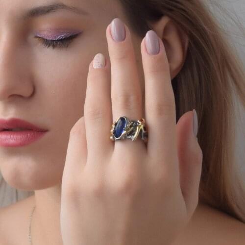 Oval Blue stone Ring Gold & Gun Black Jewellery Womens Fashion Fast delivery Women Copper Jewelry Hot rings