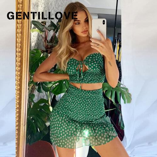 Strap Halter Neck Backless Sexy Boho Two Pieces Set Ruffles Ruched Cropped Tops and High Waist Mini Skirts Women Suits Outfits