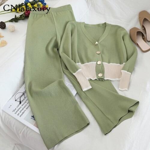 Knitted Women Two Pieces Set Autumn Short V-neck Cardigan Tops clothes Fashion Casual Wide Leg Long Pants Femme Elegant Sets