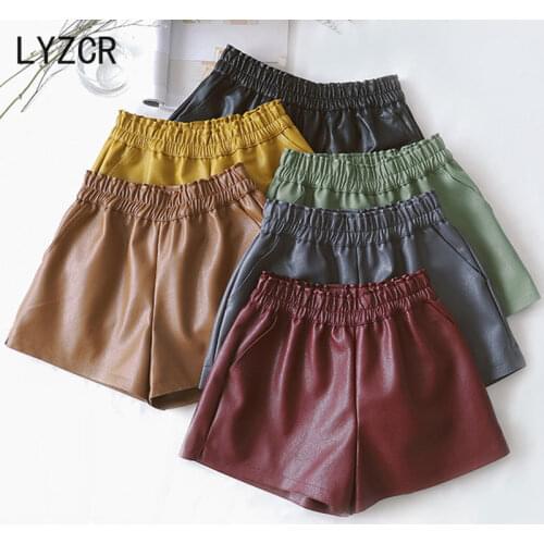 Pu Leather Short Women Autumn Winter Elastic High Waist Wide Leg Womens Faux Leather Shorts Casual Loose Ladies Shorts Black