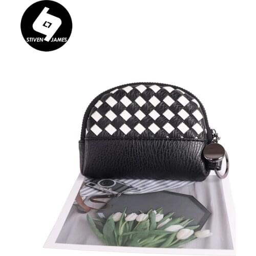 STIVEN JAMES Weave Coin Purses Key Ring Hand Woven Coin Wallet Women Small Change Purse Black White Patchwork Money Wallets Mini