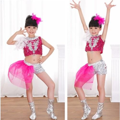 Children girl hot pink silver sequins glitter jazz costume hip hop costume vest pants with skirt shoes for kid