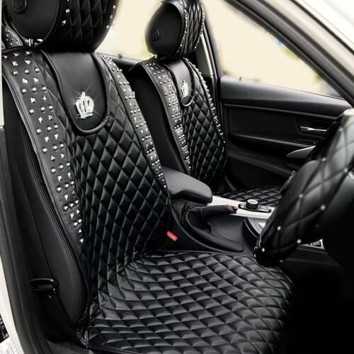 Leather Car Seat Cover Crystal Crown Rivets Auto Seat Cushion Interior Accessories Universal Size Front Seats Covers Car Styling