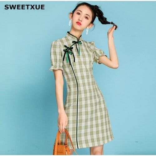 SWEETXUE Cheongsam Girl Kawaii Bubble Sleeve Plaid Dress 2020 Womens New Bow Temperament Cute Fashion Dresses vestidos