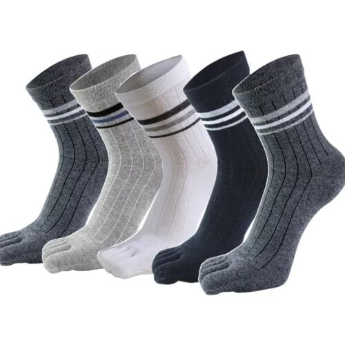 5 Pairs Male Cotton Five Fingers Crew Socks for Men Comfortable Breathable Striped Casual Sports Mid-calf Toe Socks for Slippers