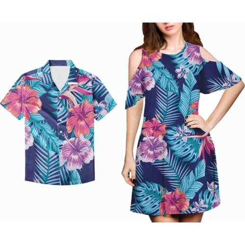HYCOOL Latest Women Dress Blue Polynesian Floral Print Couple Clothing Lady Cold Shoulder Short Sleeve Dress Match Mens Shirt