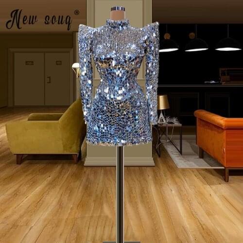 Sparkly Silver Mirrors Crystals Short Prom Dress 2021 Birthday Celebrate Outfit Gowns High Neck Long SLeeve Party Dress